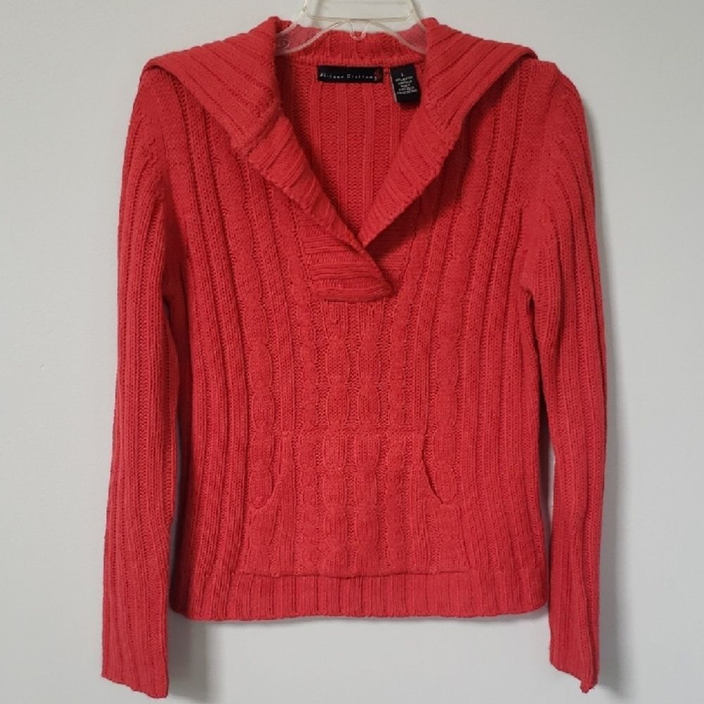 Allison Brittney Sweater Women's L Red Orange Cable Knit Pocketed Y2K 90s Vtg